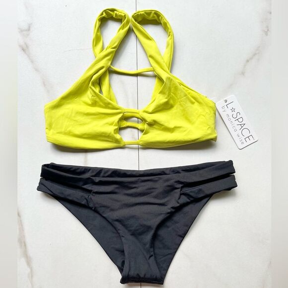 Nwt l*space Estella black bottom neon yellow halter top - Picture 1 of 3